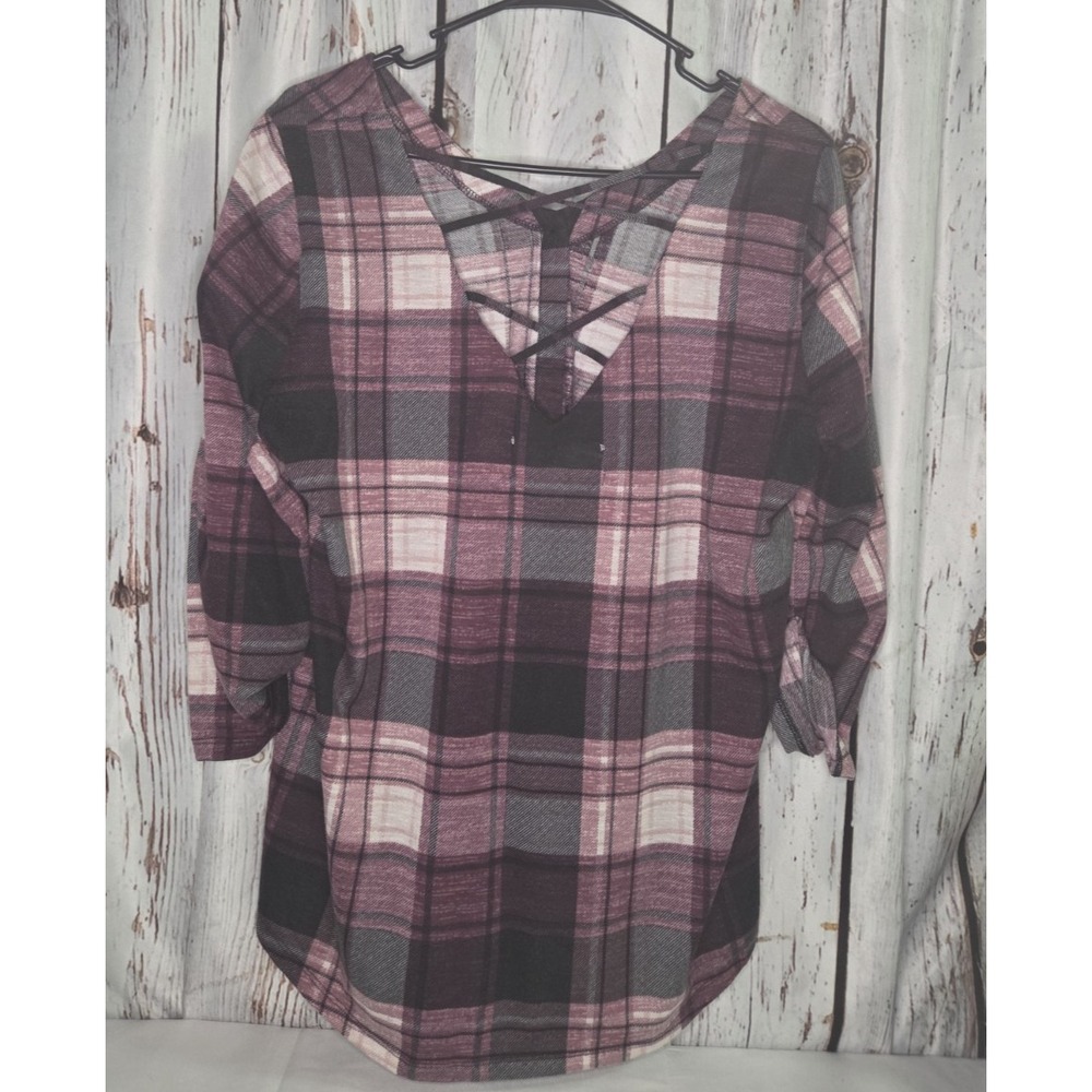 French Laundry Women's XL Burgundy Plaid Roll Tab Sleeve V-Neck Criss-Cross Back - Picture 5 of 6
